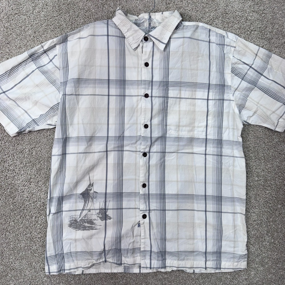 AFTCO Shirt Mens XL Plaid Marlin Fishing Graphic White Short Sleeve EUC
